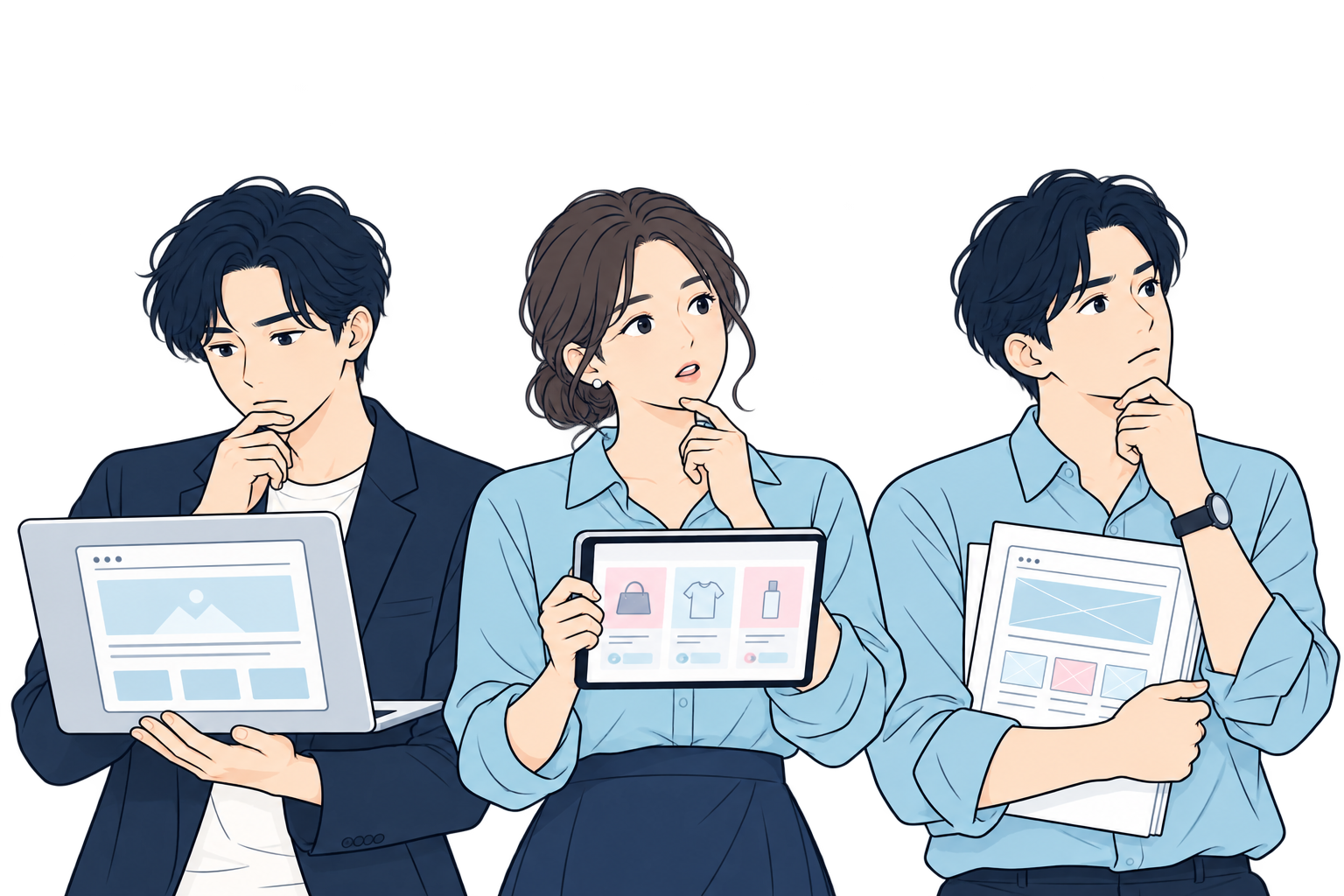 ＷＥＢの準備や運用に悩む3人の事業担当者のイラスト