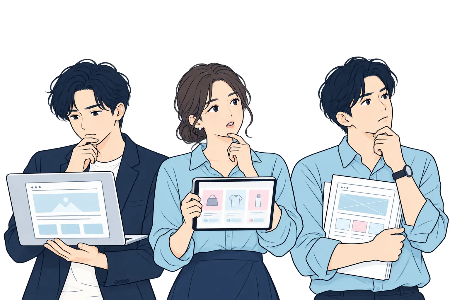 ＷＥＢの準備や運用に悩む3人の事業担当者のイラスト